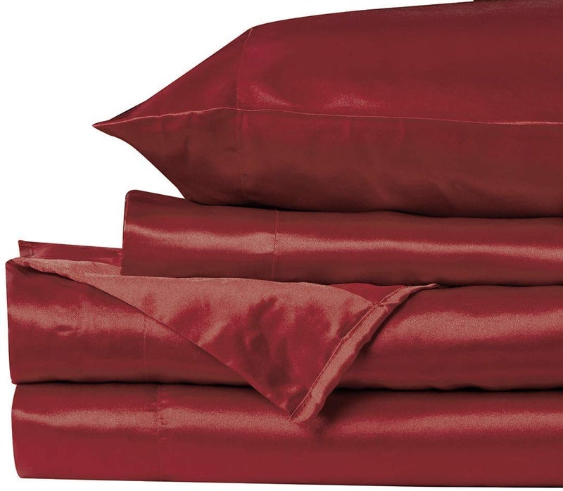 MK Home Mk Collection 4pc Soft Silky Satin Solid Color Deep Pocket Sheet Set (Burgundy, Full) - Image 2